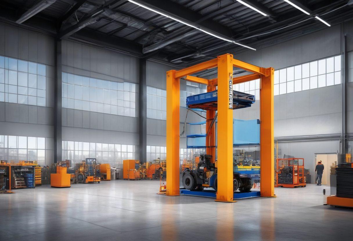 A dynamic industrial warehouse setting where cutting-edge Mohawk Lift Technologies are being used. Showcase heavy-duty lifts in action, surrounded by bright, modern equipment and workers collaborating. Incorporate elements that represent innovation and transformation, such as charts or digital displays of efficiency. The scene should be vibrant and reflect a high-energy atmosphere. super-realistic. vibrant colors. 3D.