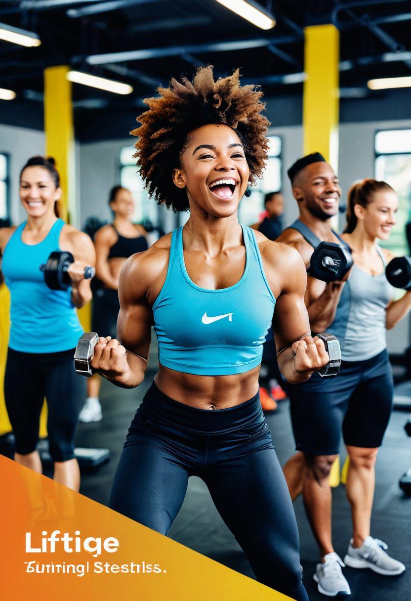 A dynamic scene featuring a diverse group of people joyfully lifting weights together in a modern gym, showcasing various lifting techniques with enthusiasm. Include motivational posters in the background highlighting the love for fitness. Emphasize warmth, camaraderie, and strength, with bright lighting accentuating the vibrant colors of the gym. Include Mohawk Lift Solutions branding subtly in the environment. super-realistic. vibrant colors. energetic atmosphere.