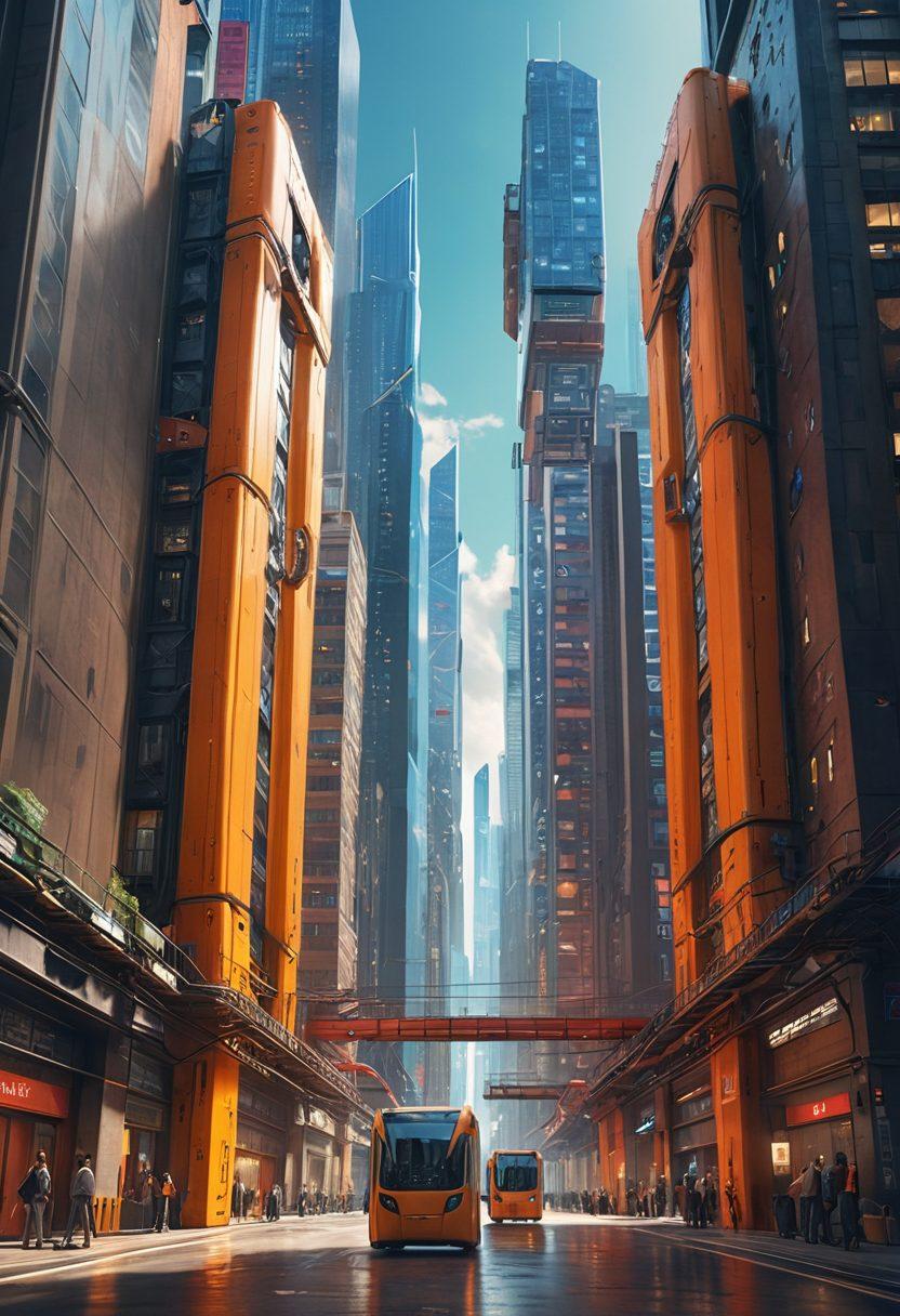 A futuristic city skyline with personal elevators gliding gracefully between skyscrapers, juxtaposed with a bustling warehouse filled with robust lifts transporting goods. Highlight dynamic movement and innovation, while showcasing diverse individuals enjoying vertical transport. Brightly colored, capturing a sense of passion and excitement for vertical transport technology. super-realistic. vibrant colors. 3D.